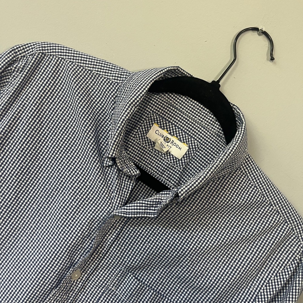 Club Room Mens Slim‎ Fit Gingham Check Button Down Shirt Blue White Cotton Small
